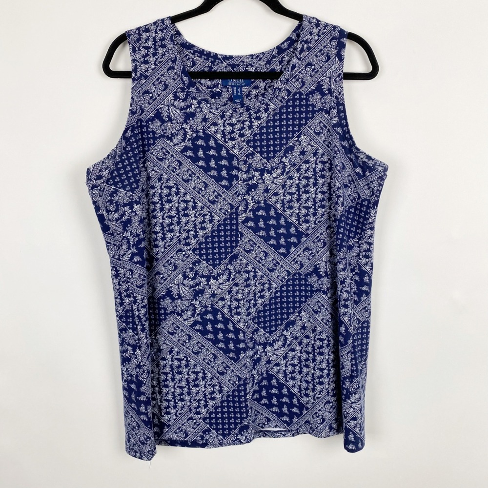 Denim & Co Beach Patchwork Bandana Print Sleeveless Tank Top Womens Large Blue